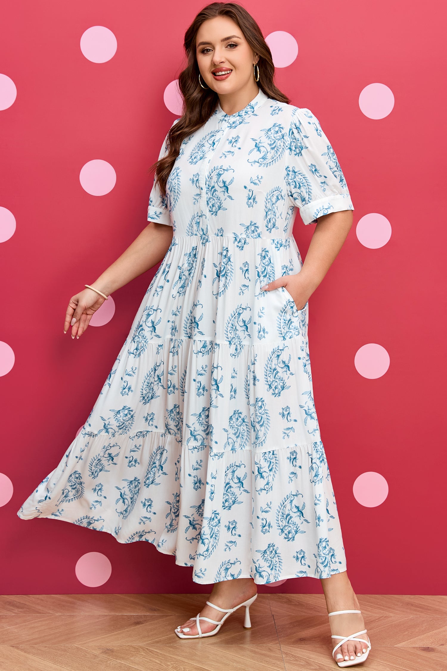 Sky Blue Plus Size Geometric Floral Print Button Split Neck Short Sleeve Maxi Dress