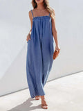 Spaghetti Strap Wide Leg Denim Jumpsuit.
