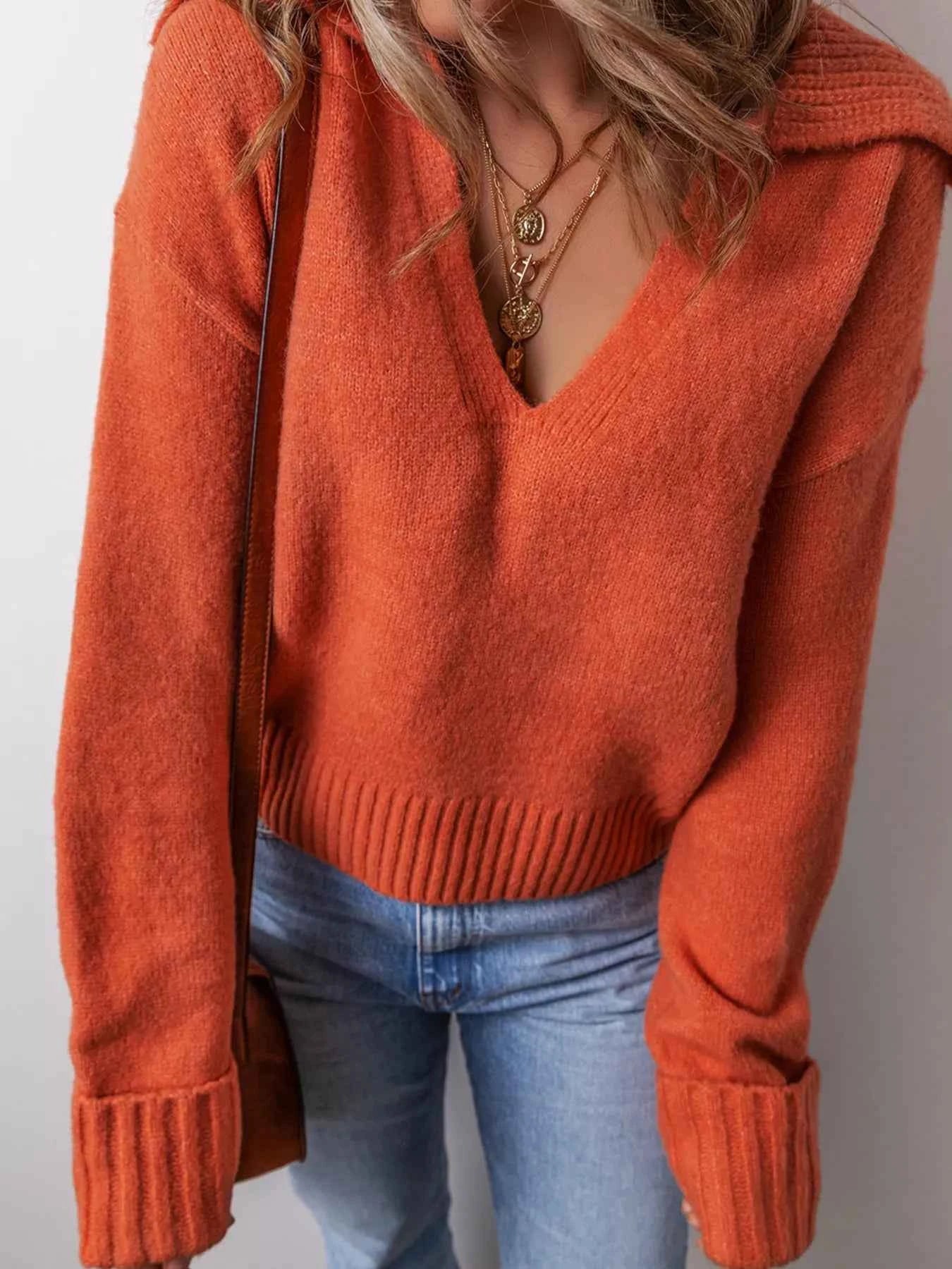 Collared V Neck Ribbed Edge Sweater