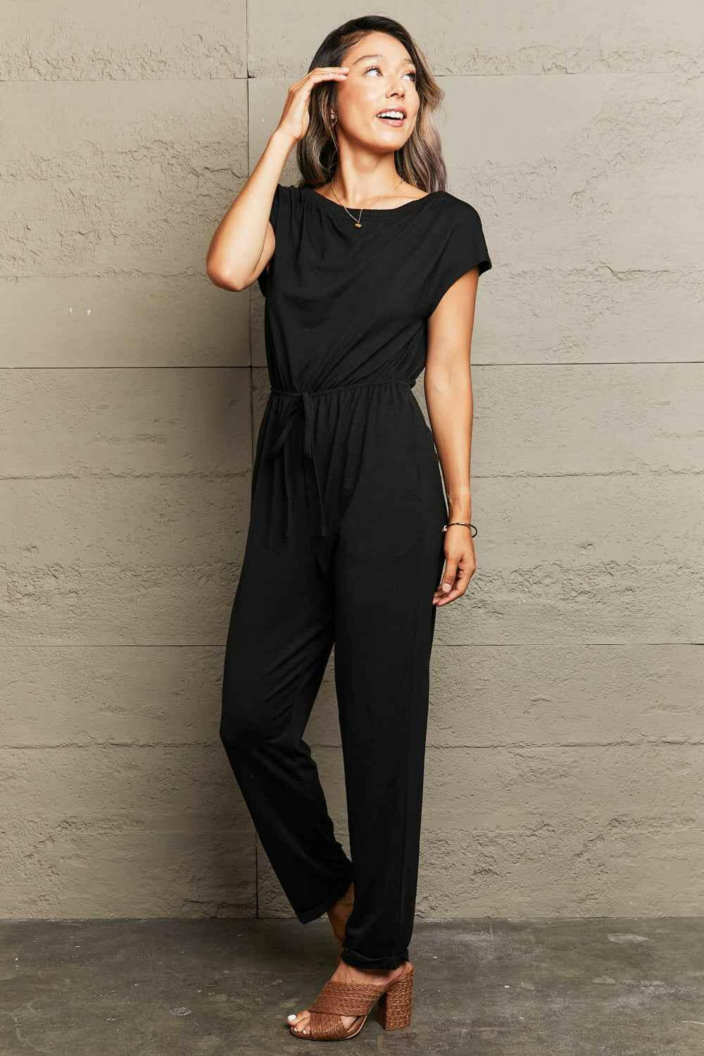 Perfee Boat Neck Short Sleeve Jumpsuit with Pockets.