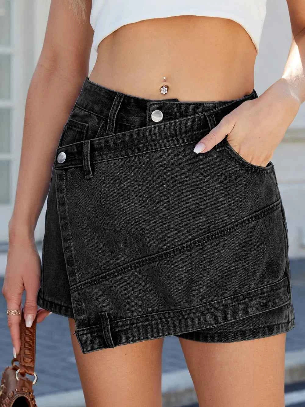 Asymmetrical Denim Skort with Pockets