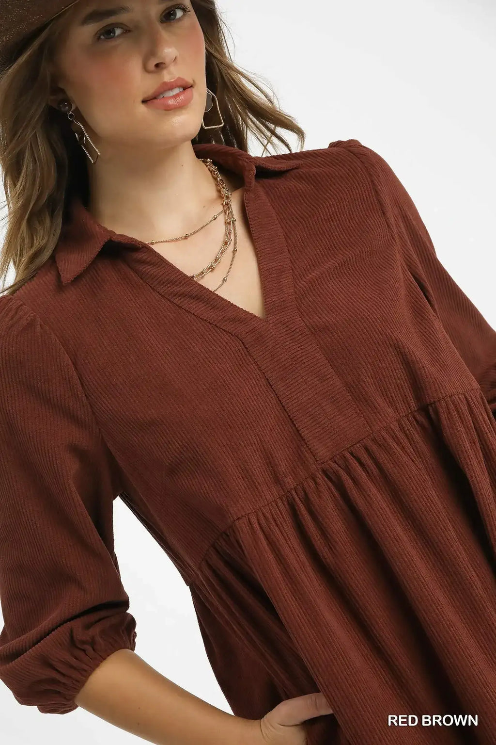 Umgee Tiered Corduroy Mini Dress with Balloon Sleeves.