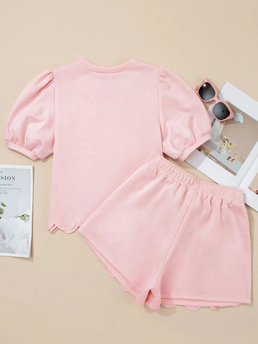 Puff Sleeve Pearl Embellished Scallop Trim Top and Skort Set.