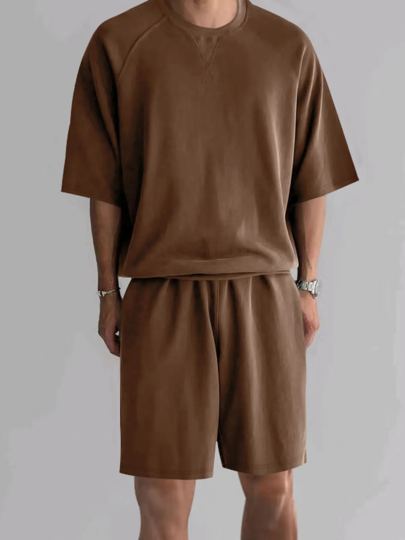 Men's Full Size Round Neck Top and Shorts Set Plus Size.