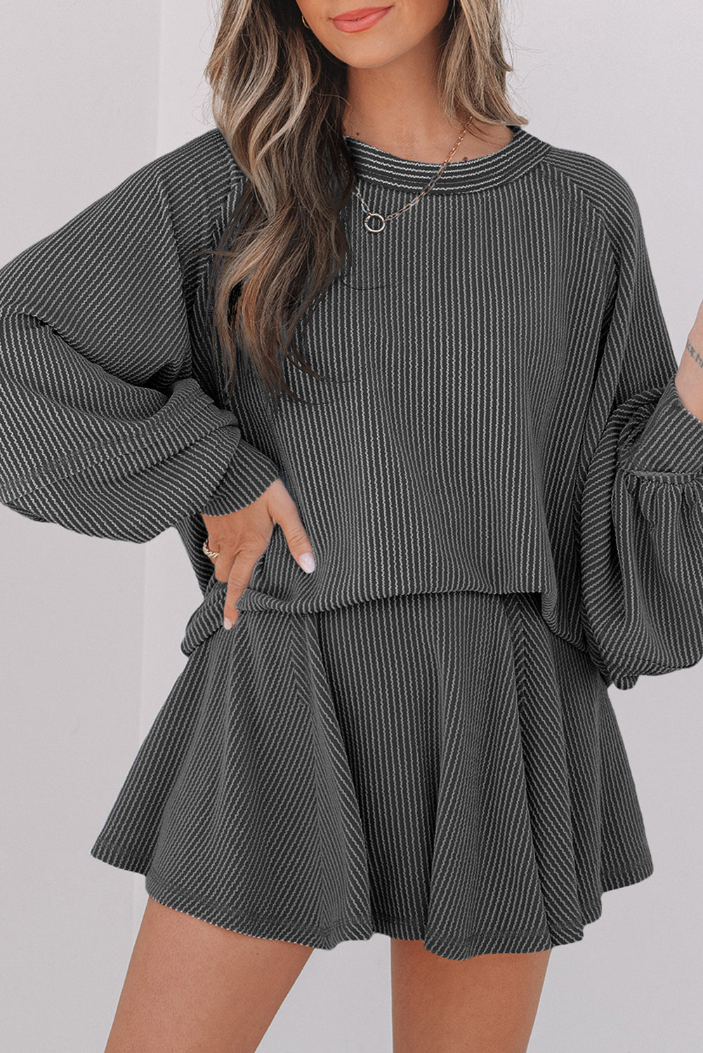 Dark Grey Corded Lantern Sleeve Top High Waist Ruffled Mini Skirt Set Dear-Lover Dropshipping