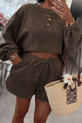 Dark Brown Solid Color Textured Knit Drop Shoulder Pullover Drawstring Shorts Set