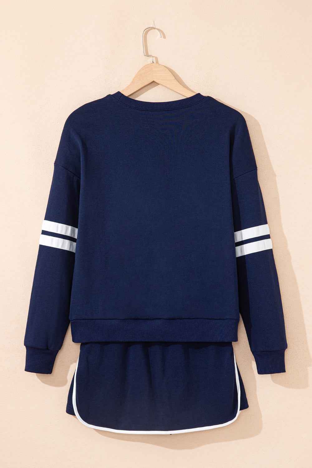 Navy Blue Varsity Stripe Detail Drop Shoulder Pullover Mini Skirt Set