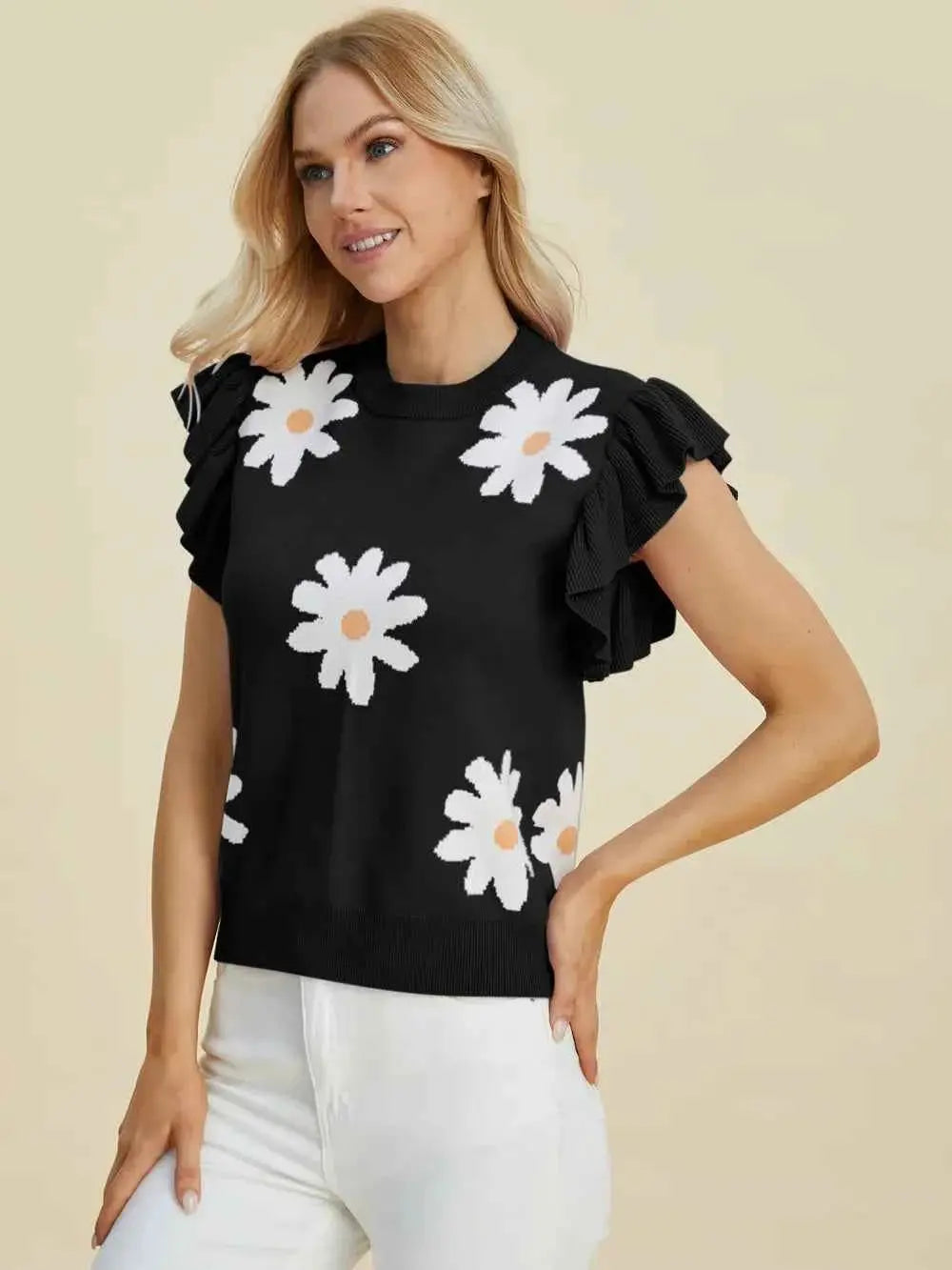 Ruffled Flower Round Neck Cap Sleeve Sweater.