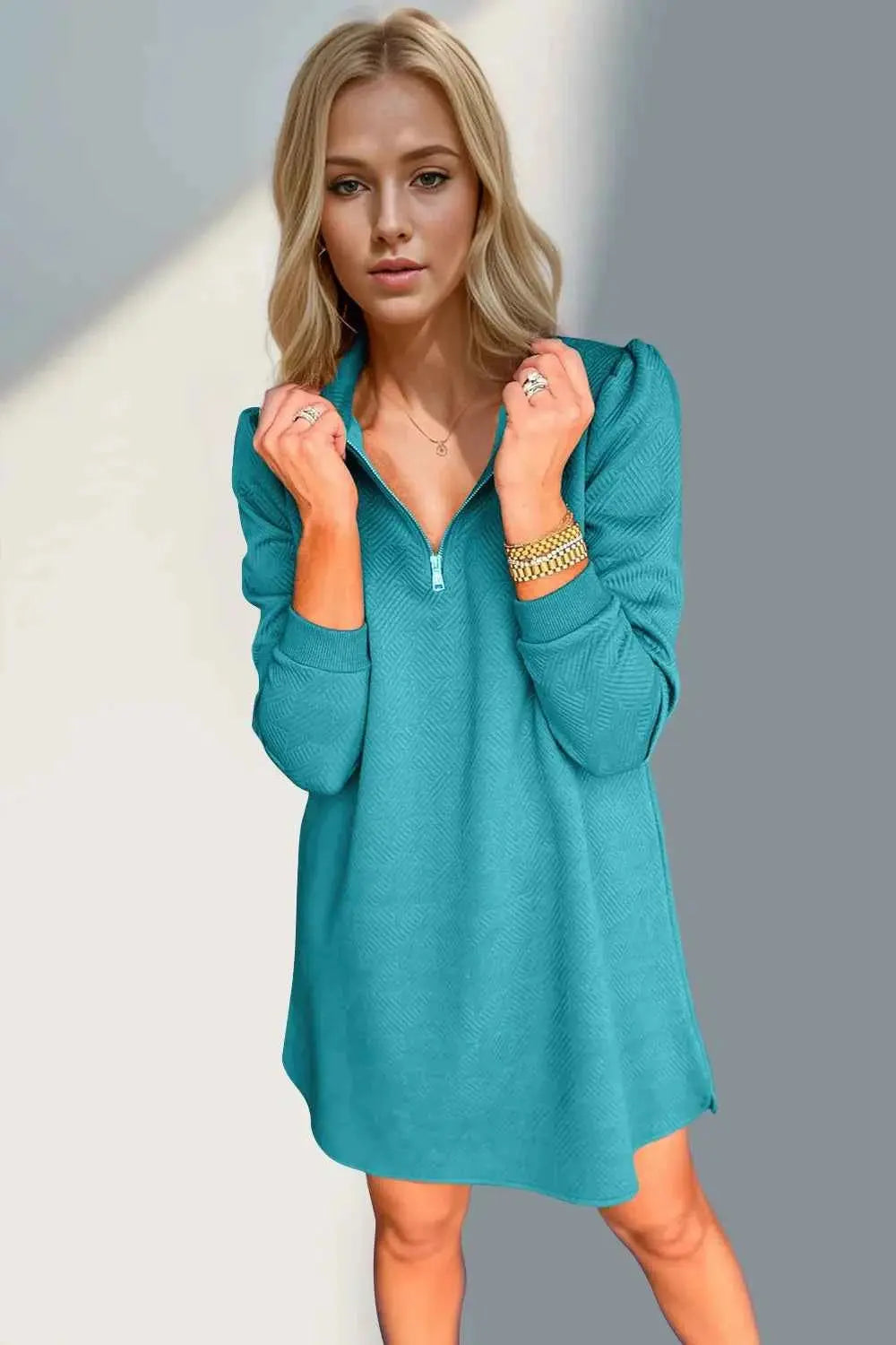 Double Take Textured Quarter Zip Long Sleeve Dress.