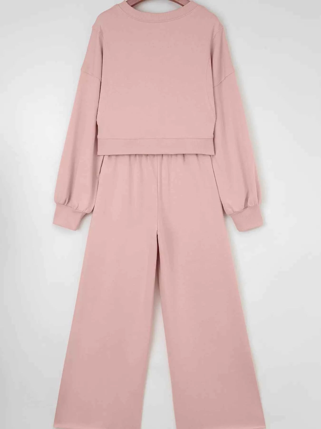 Drop Shoulder Puff Sleeve Crop Top and Drawstring Wide Leg Pants Set