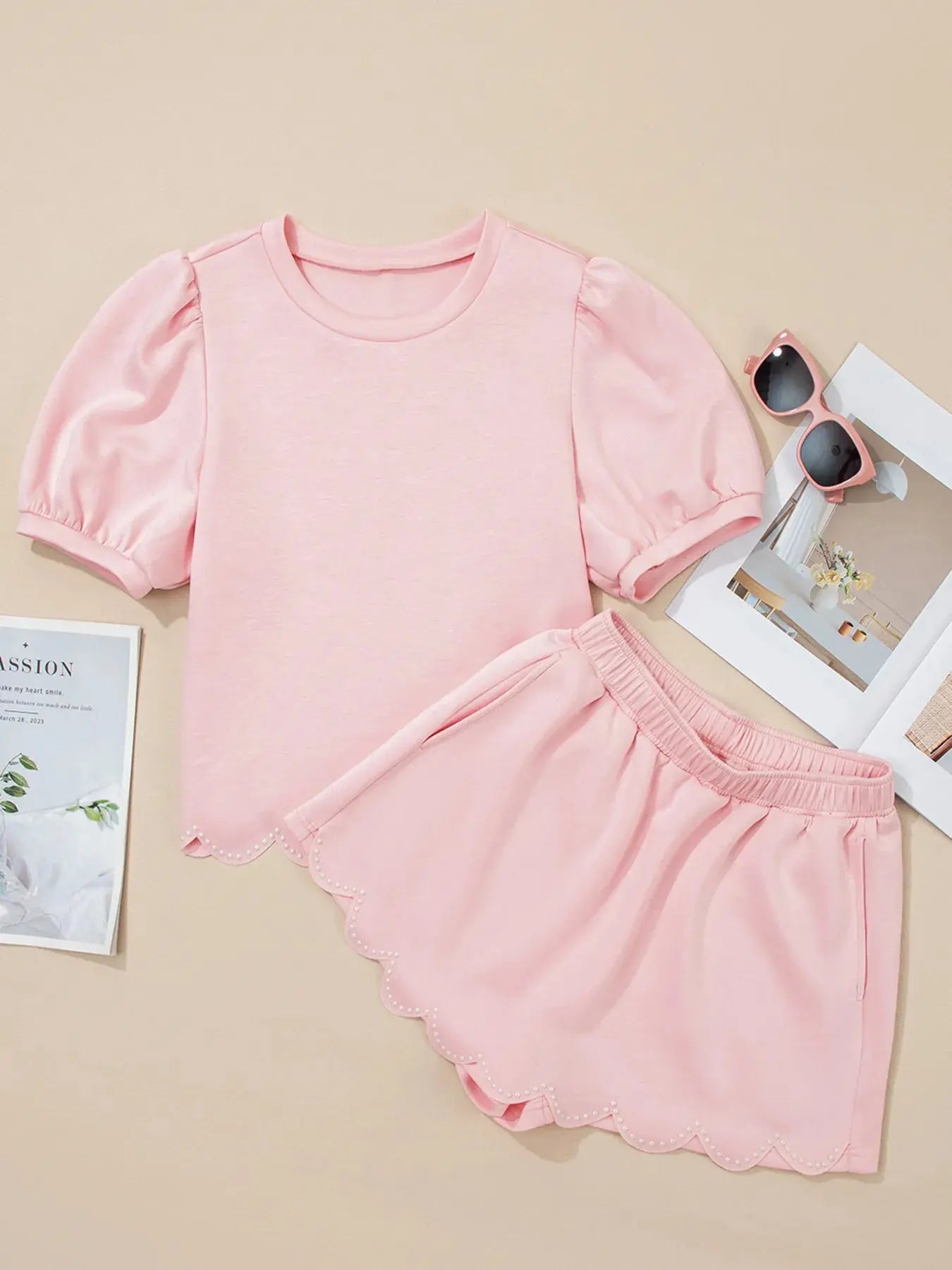 Puff Sleeve Pearl Embellished Scallop Trim Top and Skort Set.