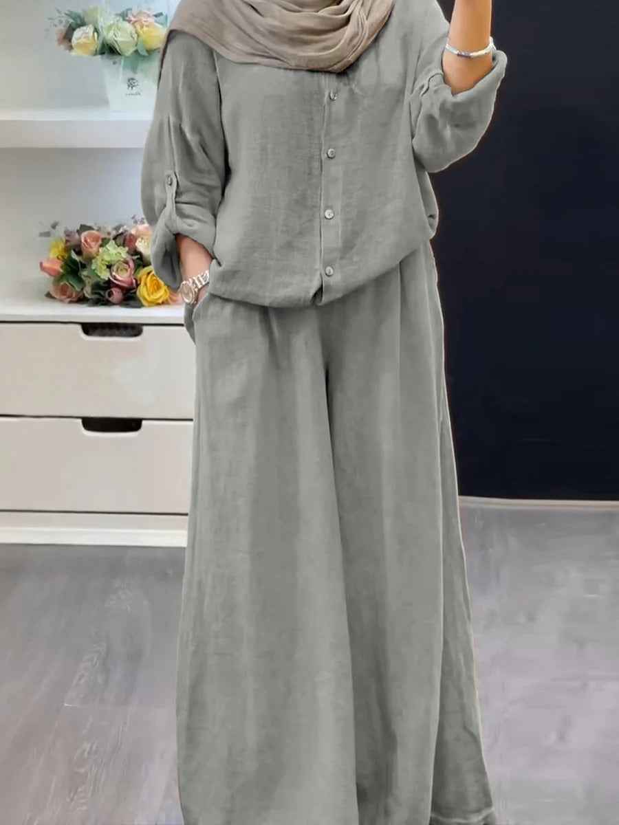 Cotton-linen Solid-color Shirt Set With Loose-fitting Trousers