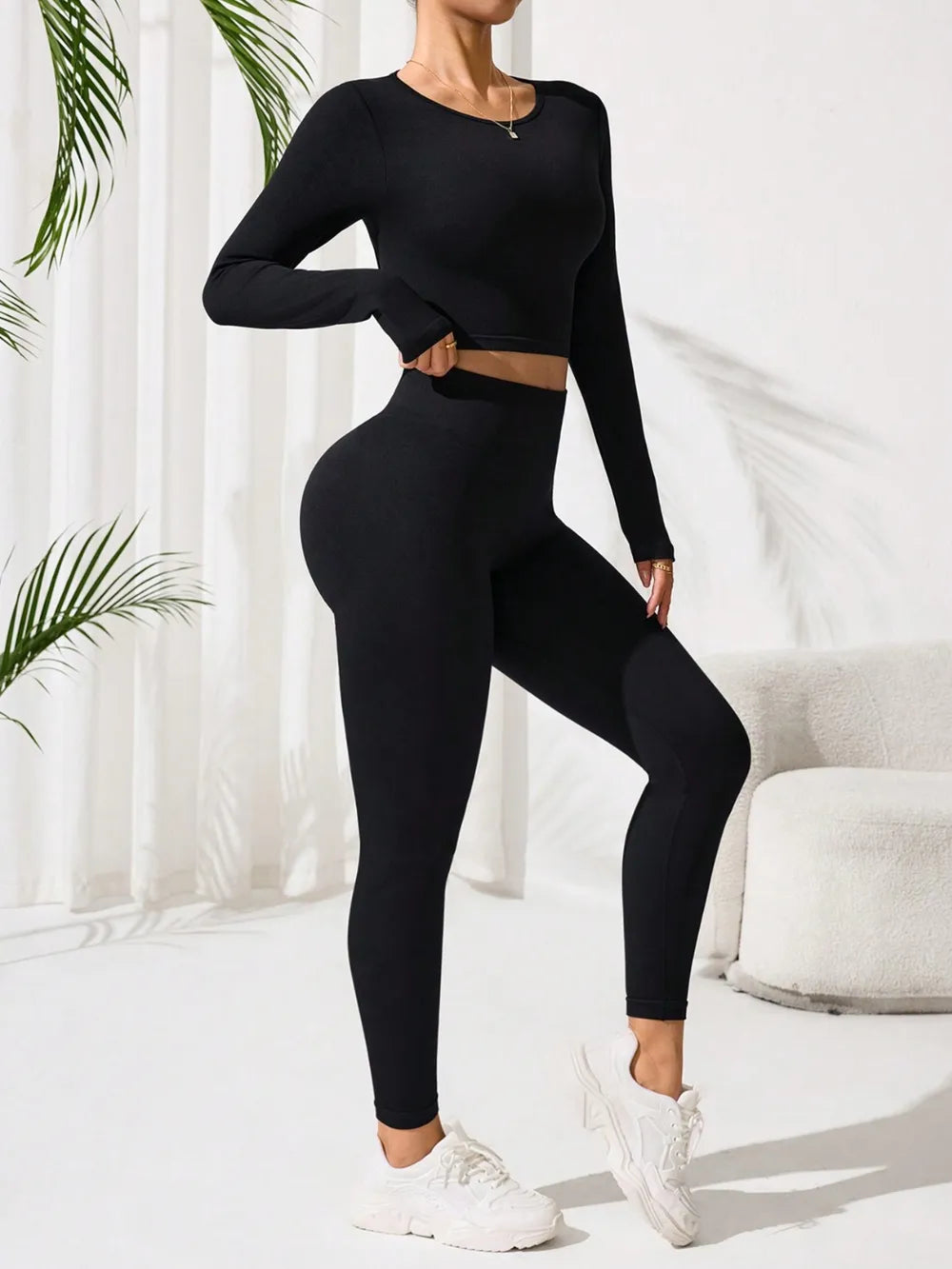 Lace-Up Back Round Neck Top and Leggings Active Set.