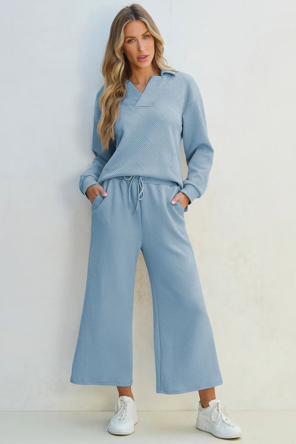 Textured Collared Neck Top and Wide Leg Pants Set.