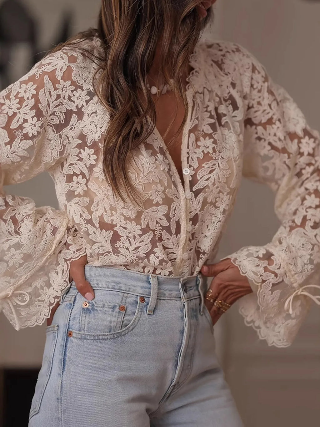Lace Button Up Long Sleeve Shirt.