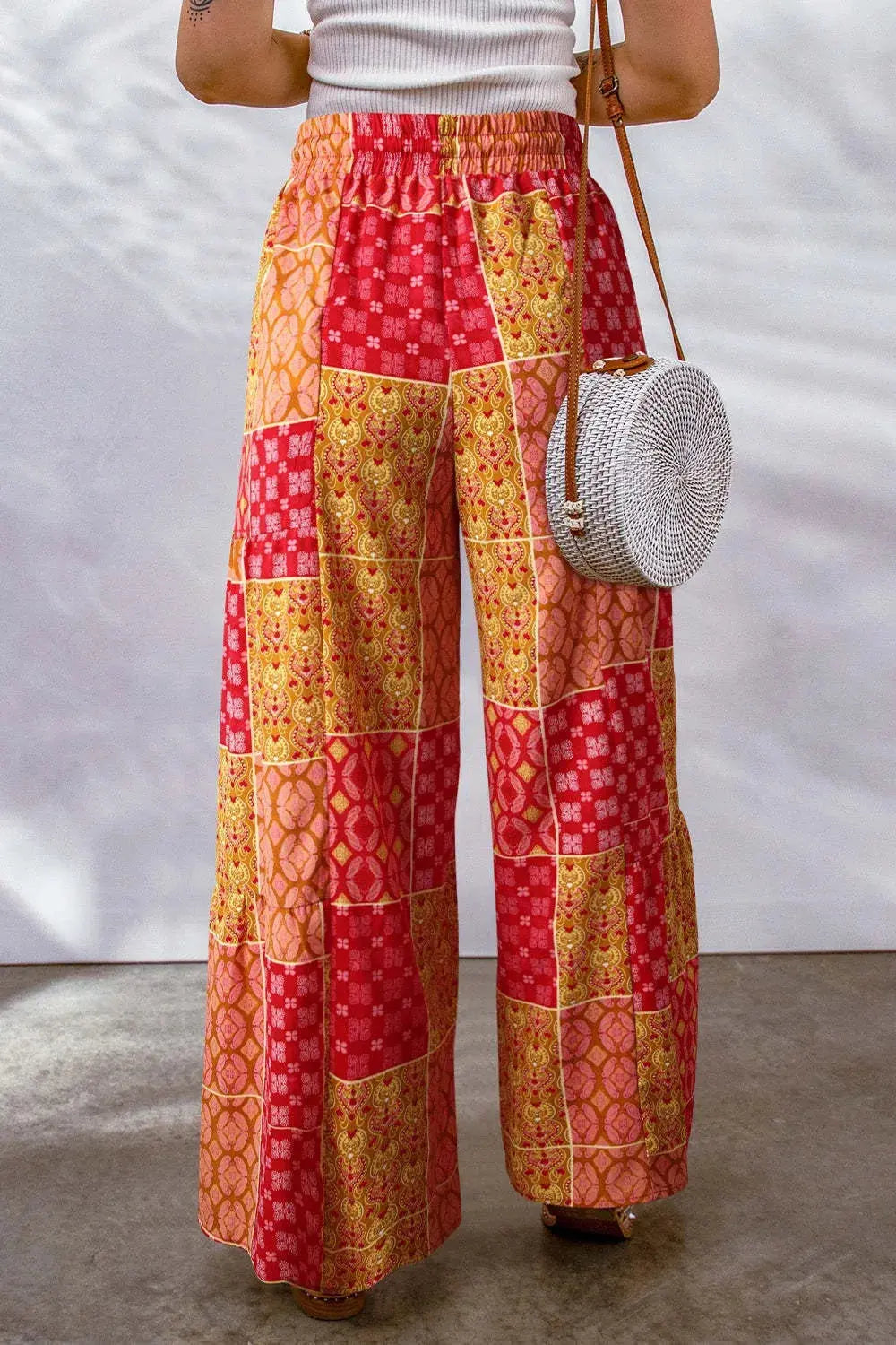 Full Size Drawstring Printed Wide Leg Pants.
