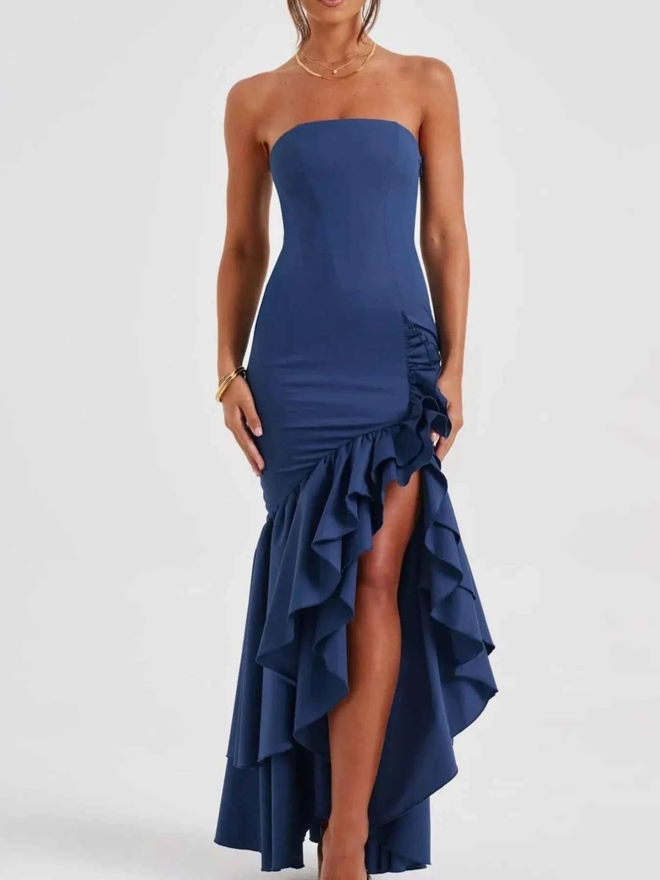 Strapless Ruffle High-Low Bodycon Dress.