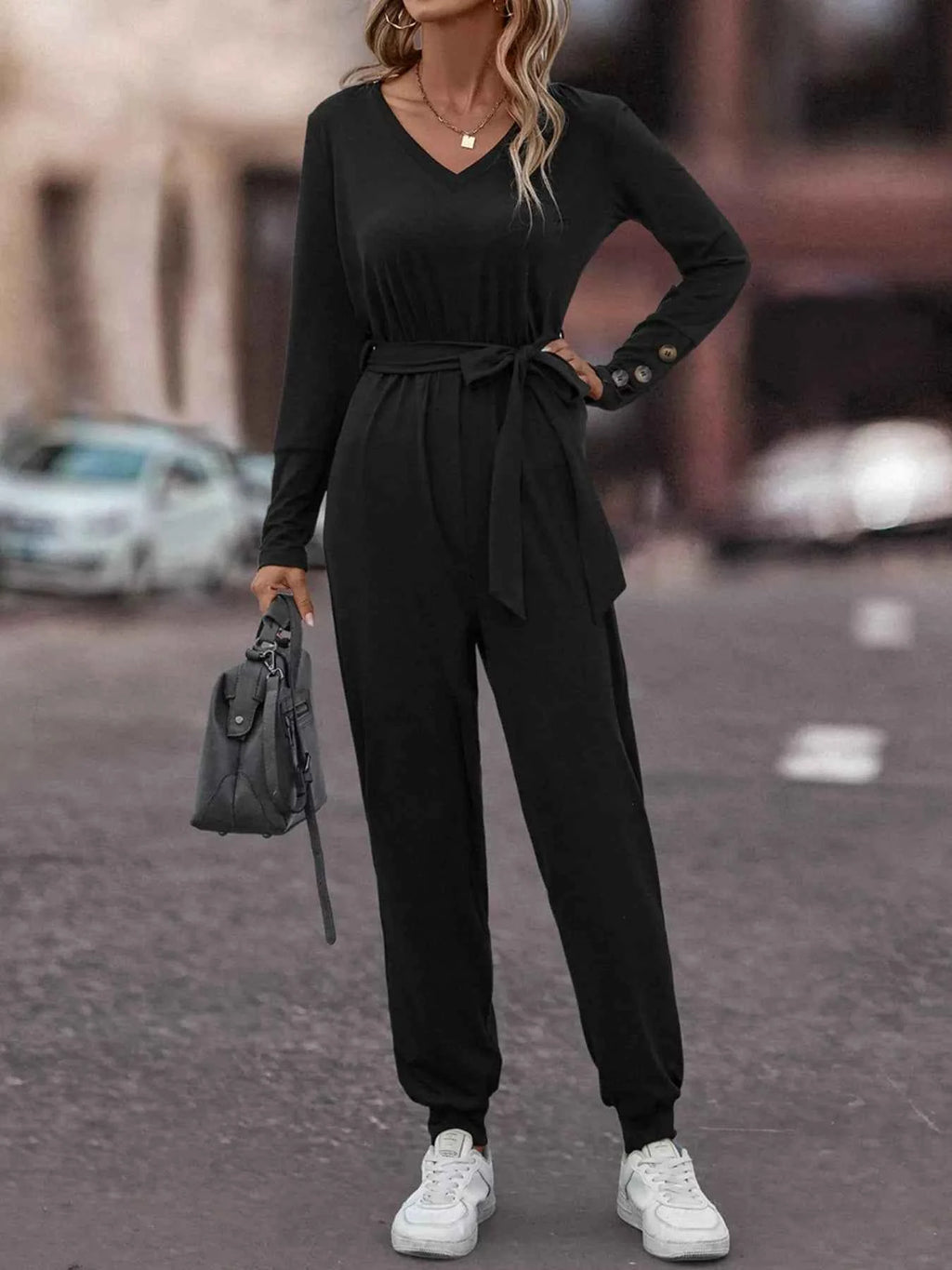 V-Neck Long Sleeve Tie Waist Jumpsuit