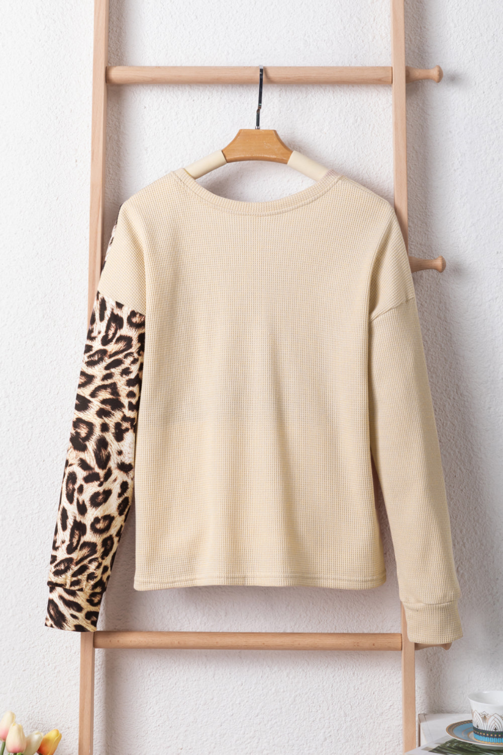 Pale Khaki Leopard Colorblock Waffle Knit Top Dear-Lover Dropshipping