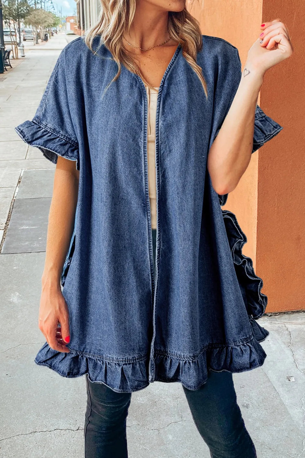 Ruffled Open Front Denim Top.