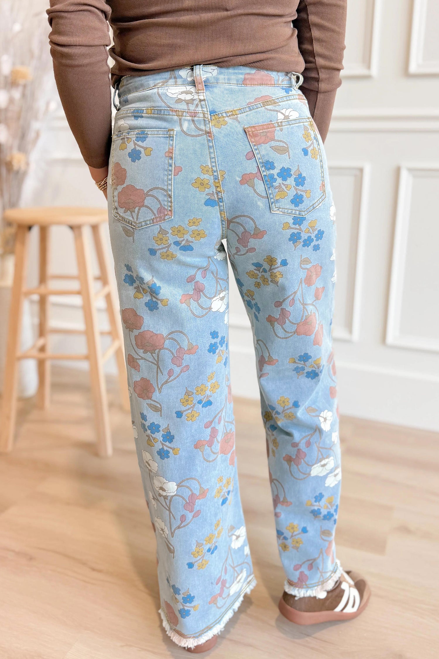 Sky Blue Floral Printed Raw Hem Shift Jeans