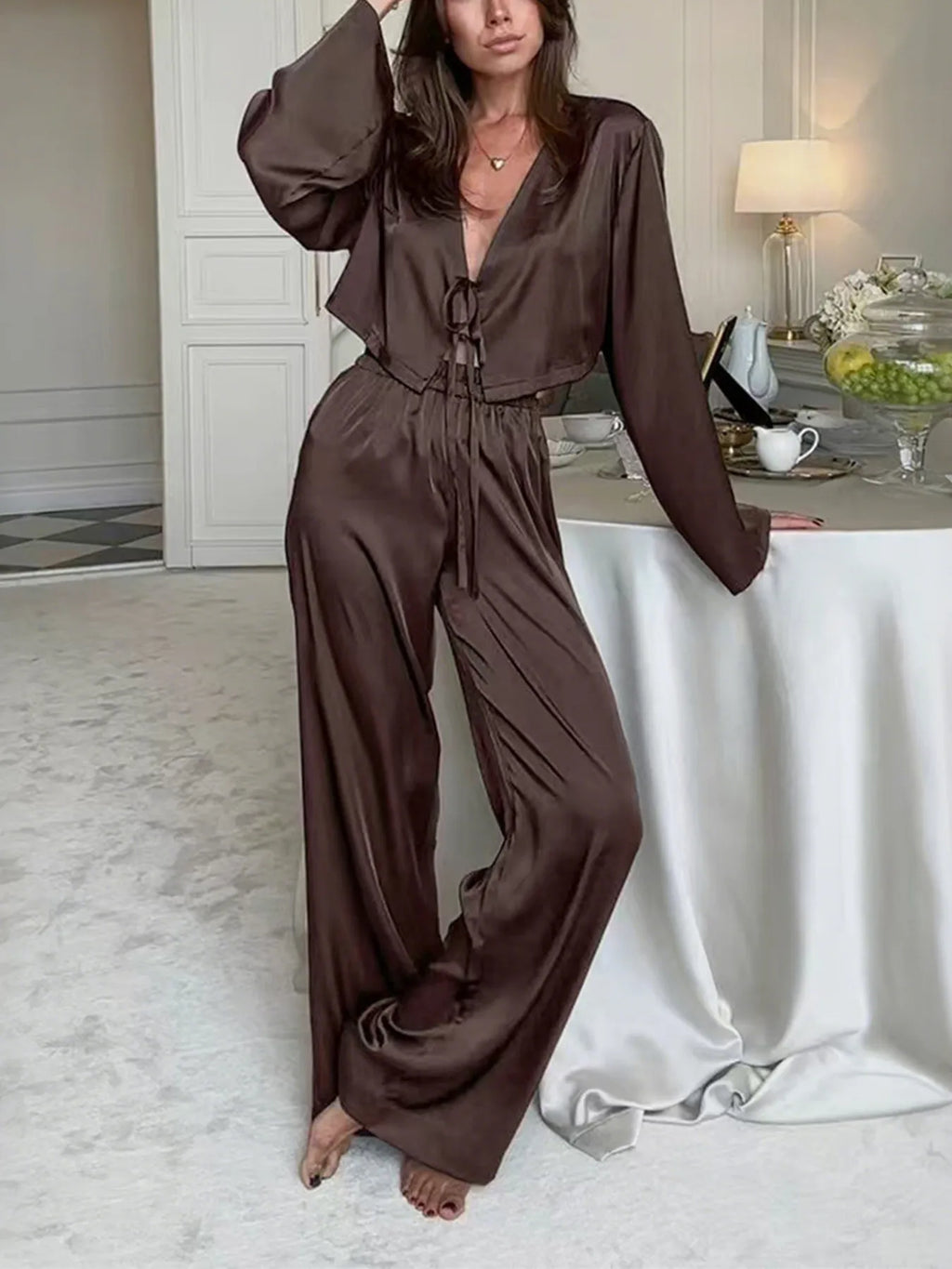 Tie-Front Crop Top and Pants Set.