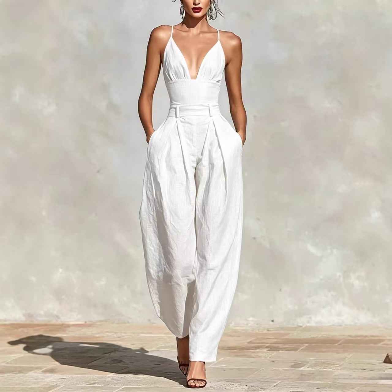 Linen Straight-leg Sleeveless Crew-neck Minimalist Elegant Jumpsuit