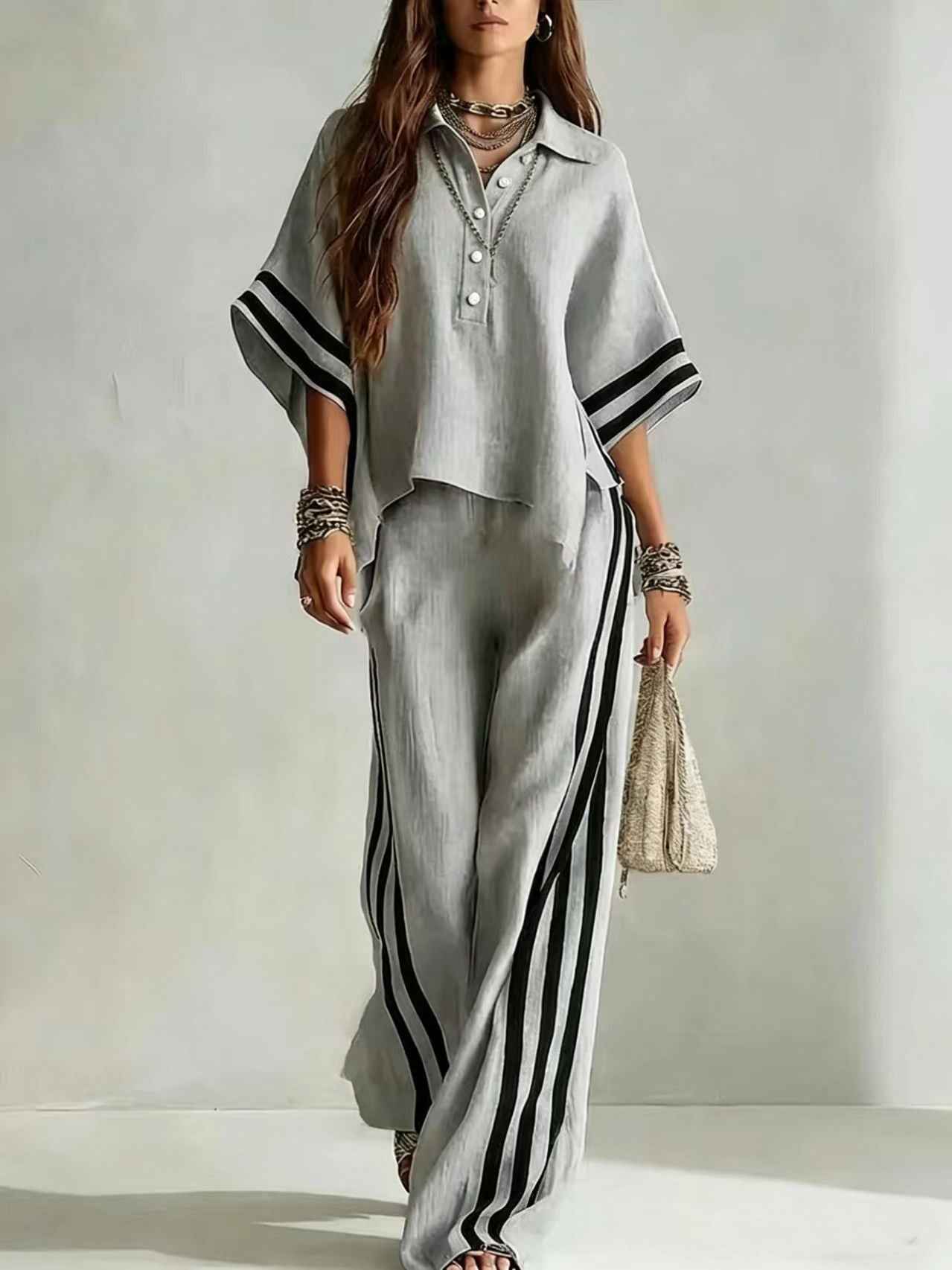 Womens Clothing Short-Sleeve Shirt And Loose Pants Two-Piece Set