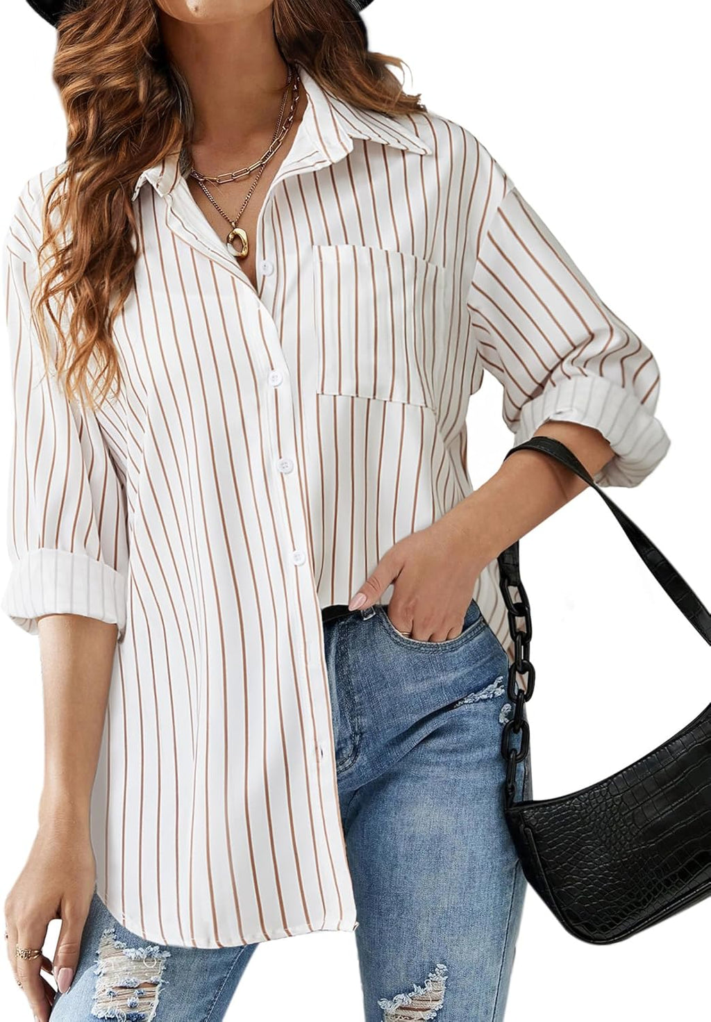HOTOUCH Women Button down Striped Shirts Drop Shoulder Blouse Long Sleeve Oversized Shirt with Pocket