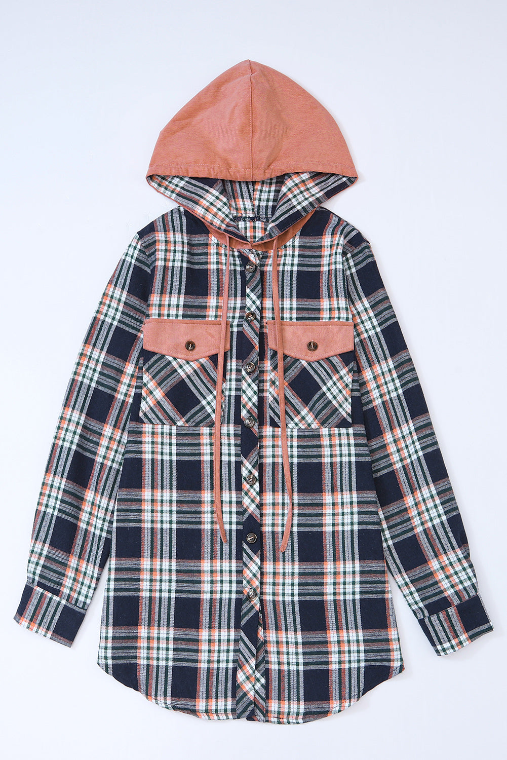 Pink Contrast Hooded Drawstring Plaid Shacket Dear-Lover Dropshipping