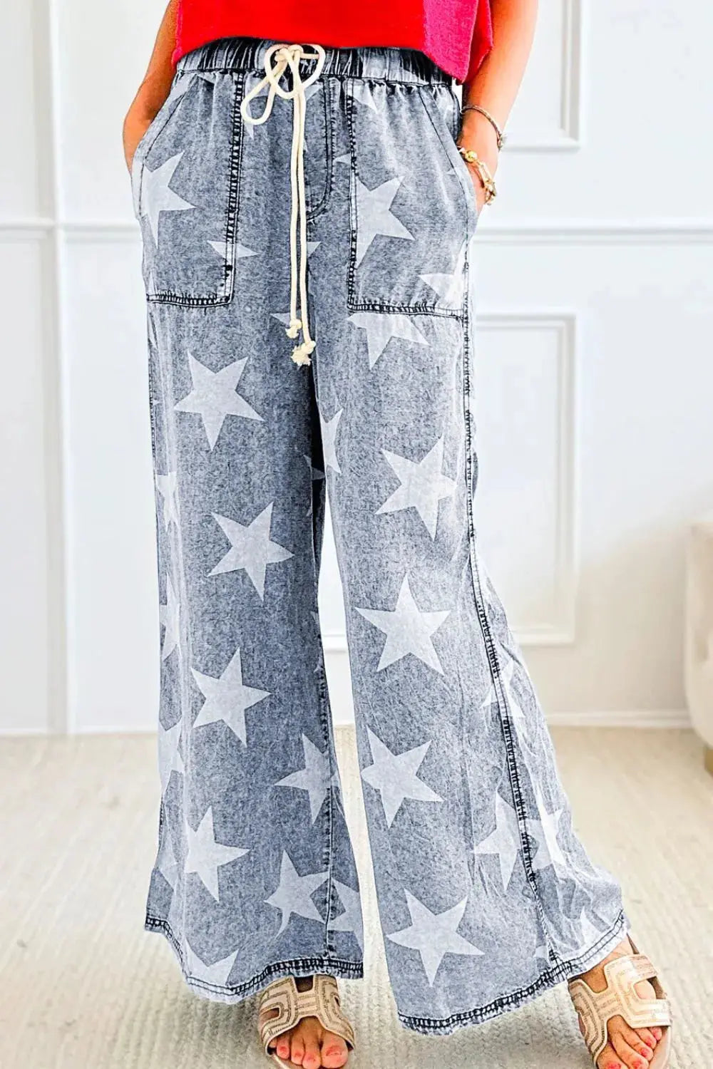Star Print Washed Drawstring High Waist Wide Leg Jeans.