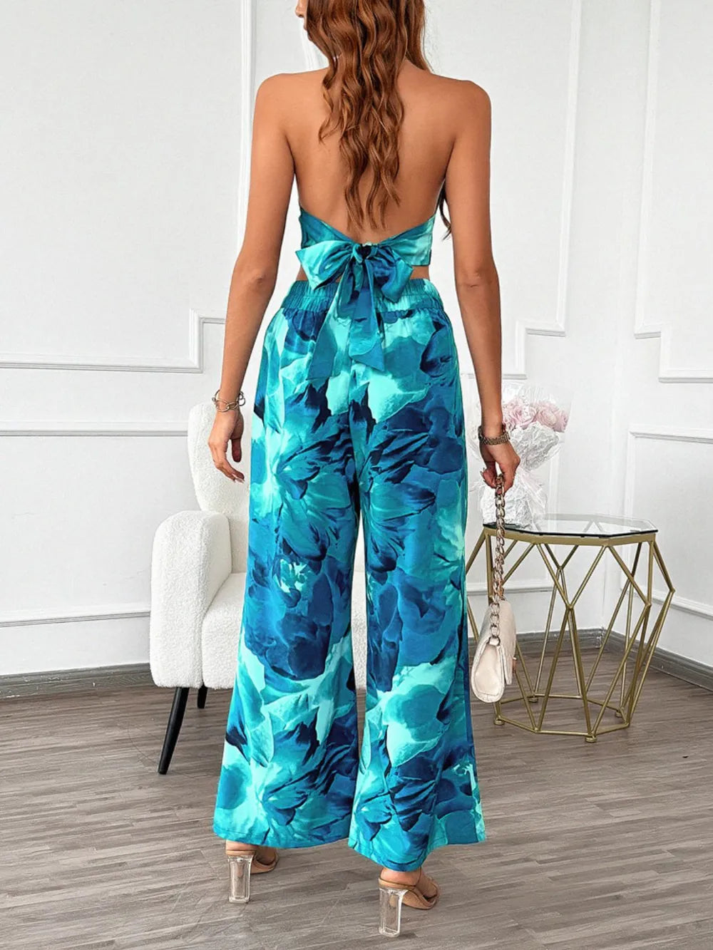 Devine Printed Halter Neck Top and Pants Set - CHIC TB