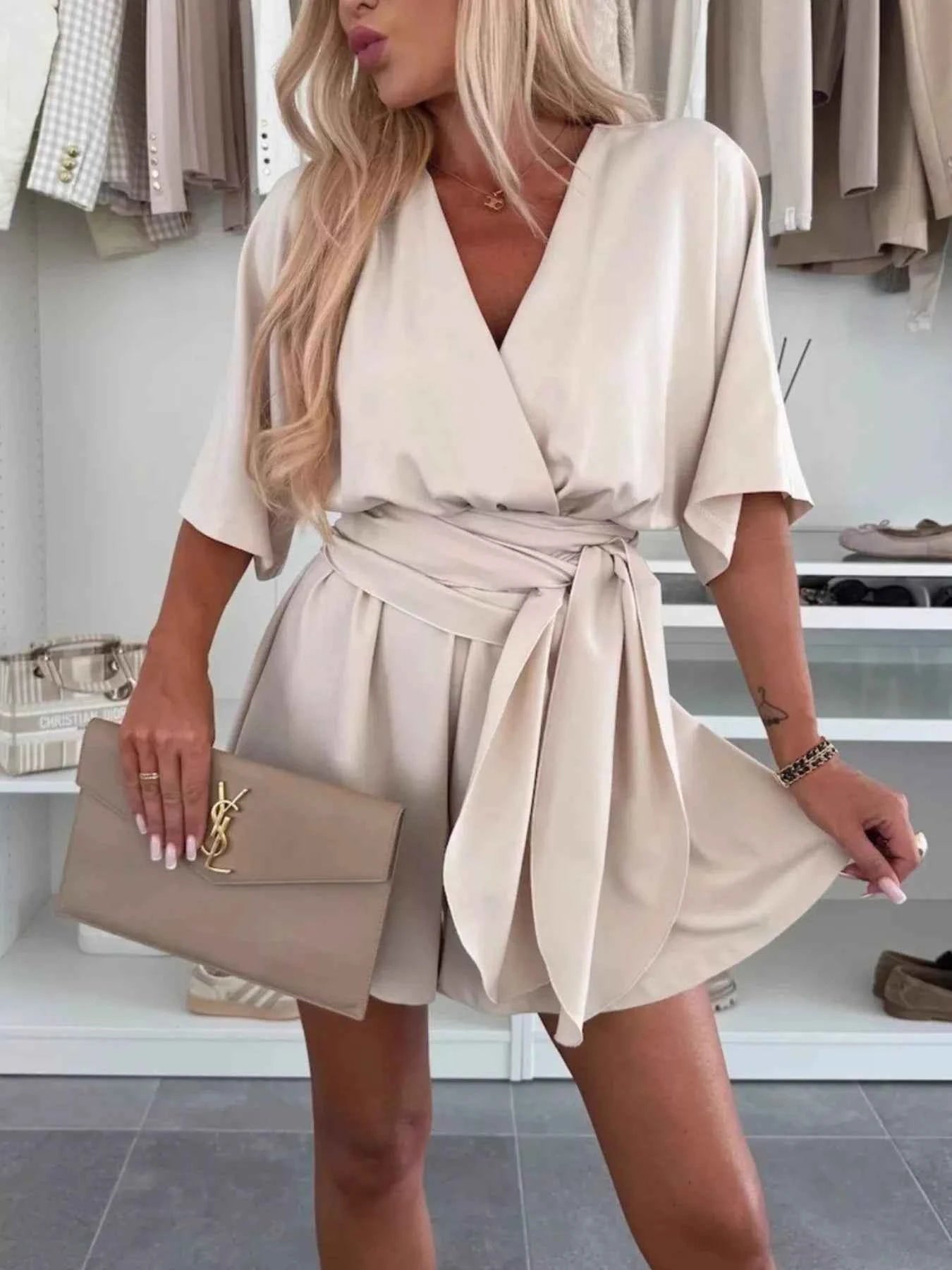 Full Size Surplice Tie Waist Romper Plus Size.