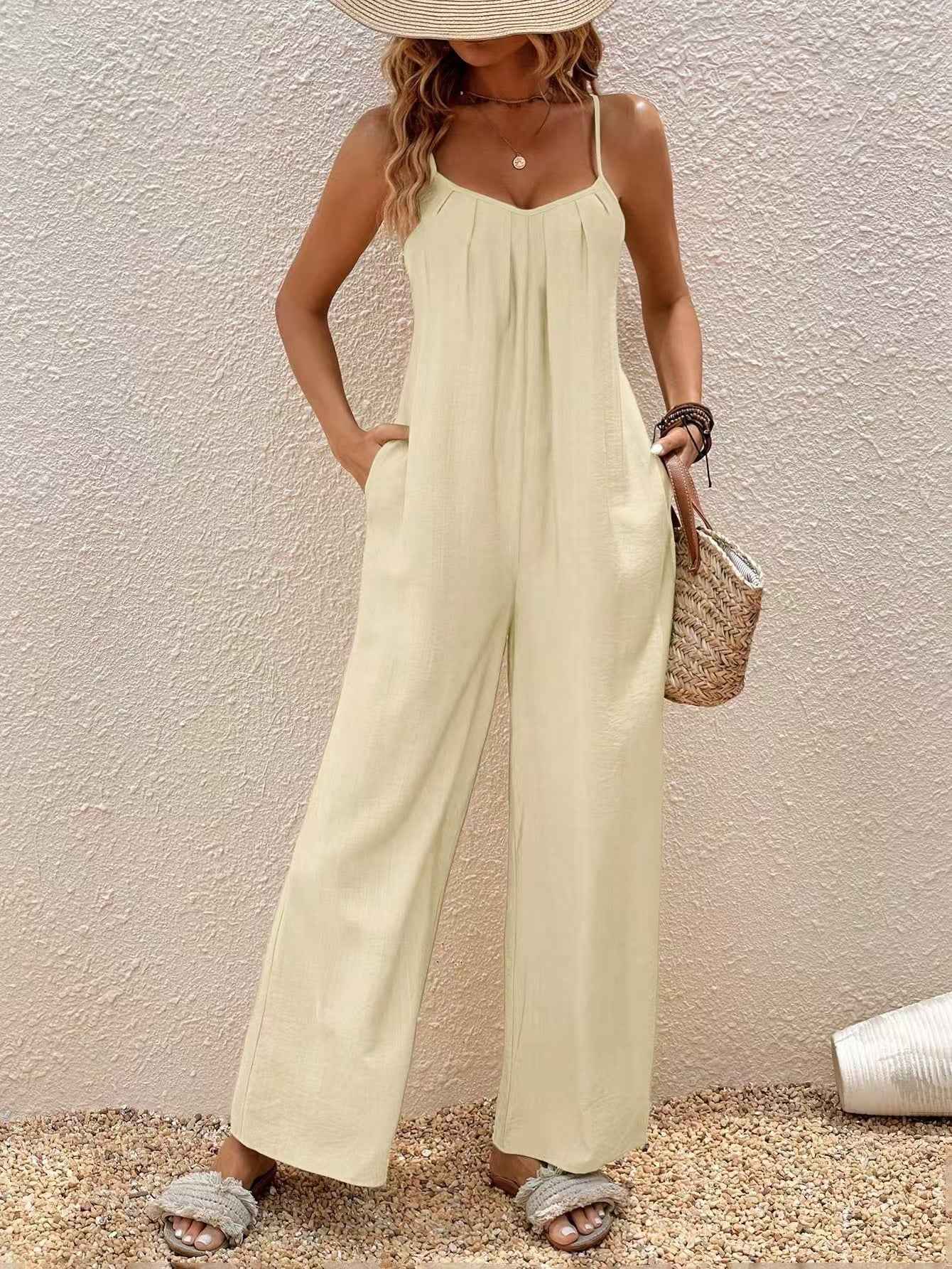 Adjustable-strap Jumpsuit Vacation Style Solid Color Elegant