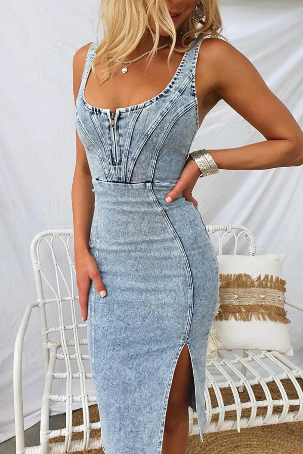 Side Slit Washed Scoop Neck Denim Dress.