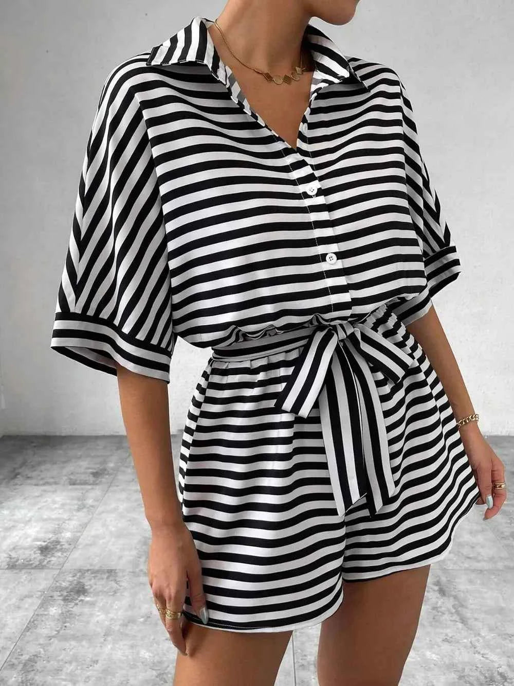 Tie Waist Half Button Striped Romper