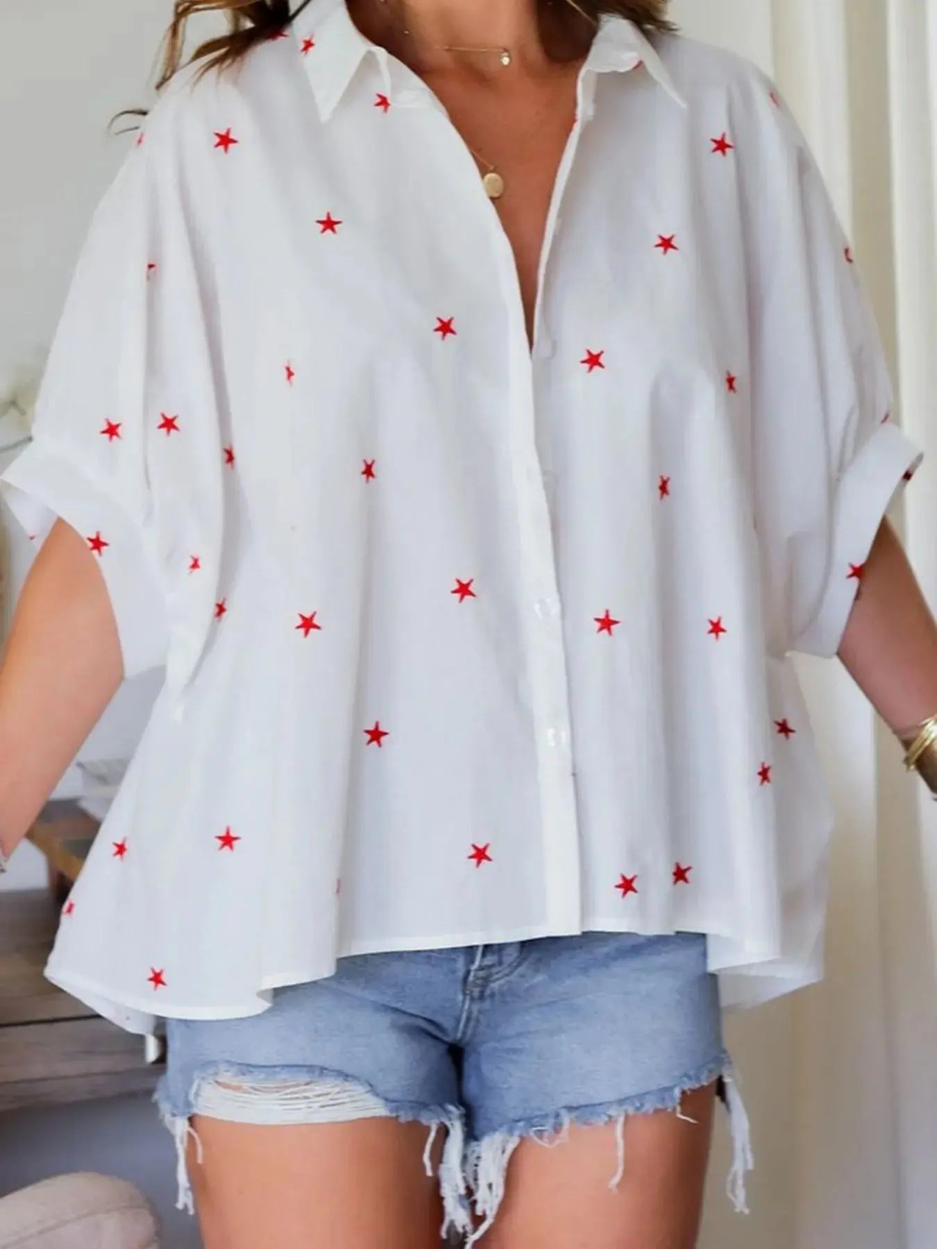 Star Print Puff Sleeve Button-Up Shirt.