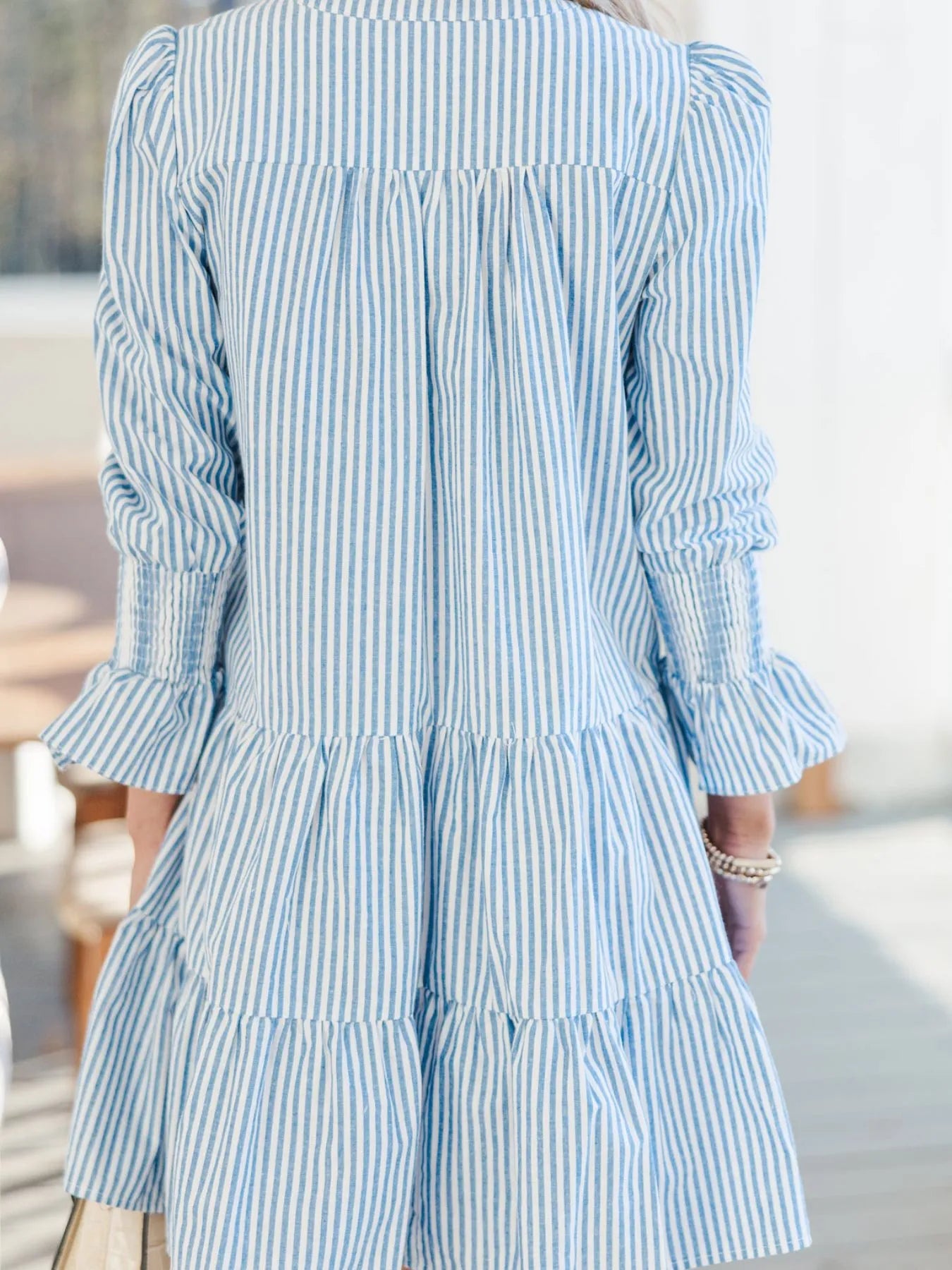 Striped Tiered Flounce Sleeve Shirt Dress.
