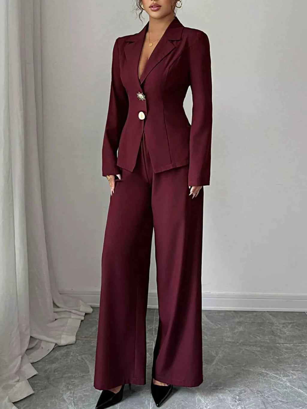 Lapel Collar Blazer & Wide Leg Pants Set