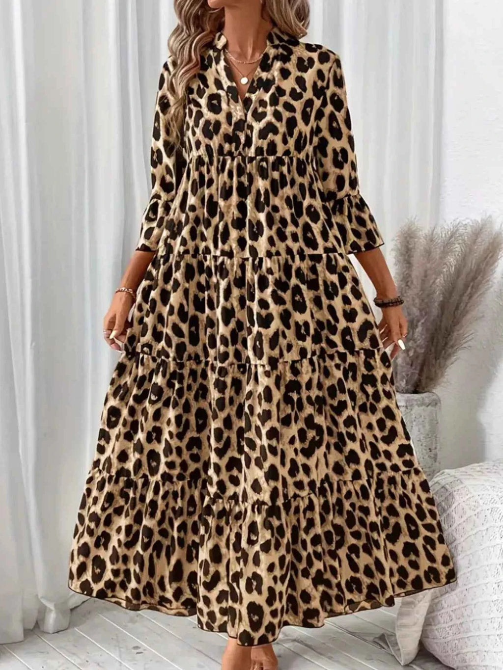 Leopard 3/4 Sleeve Midi Dress