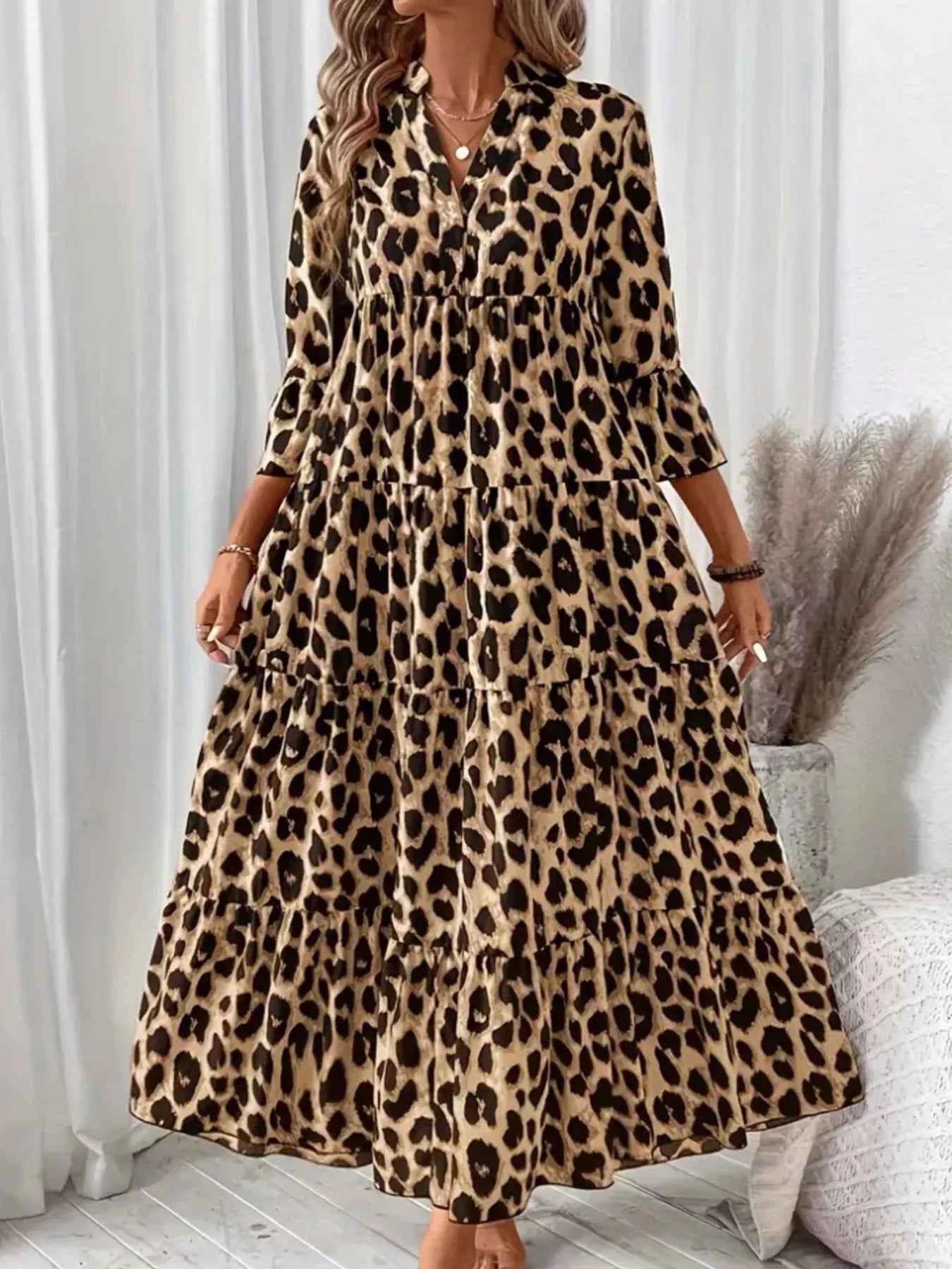 Leopard 3/4 Sleeve Midi Dress