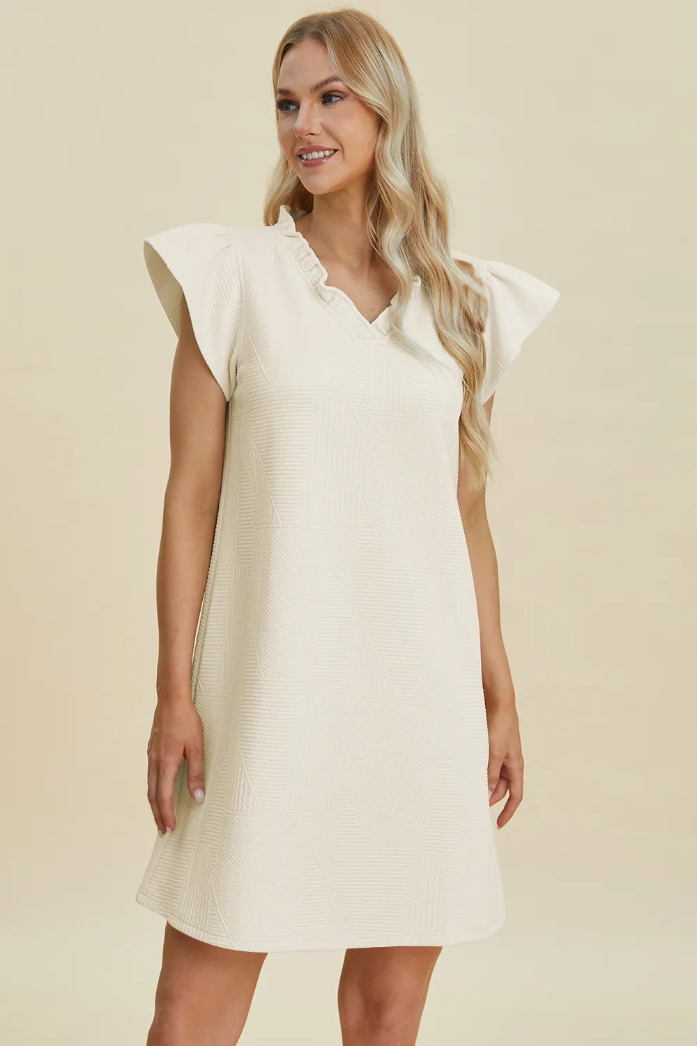 Double Take Full Size Ruffled V-Neck Cap women Sleeve Dress.