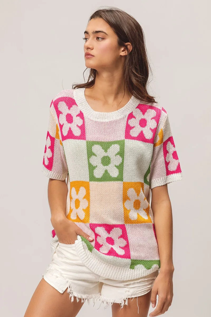Flower Checker Pattern Lightweight Sweater Top.