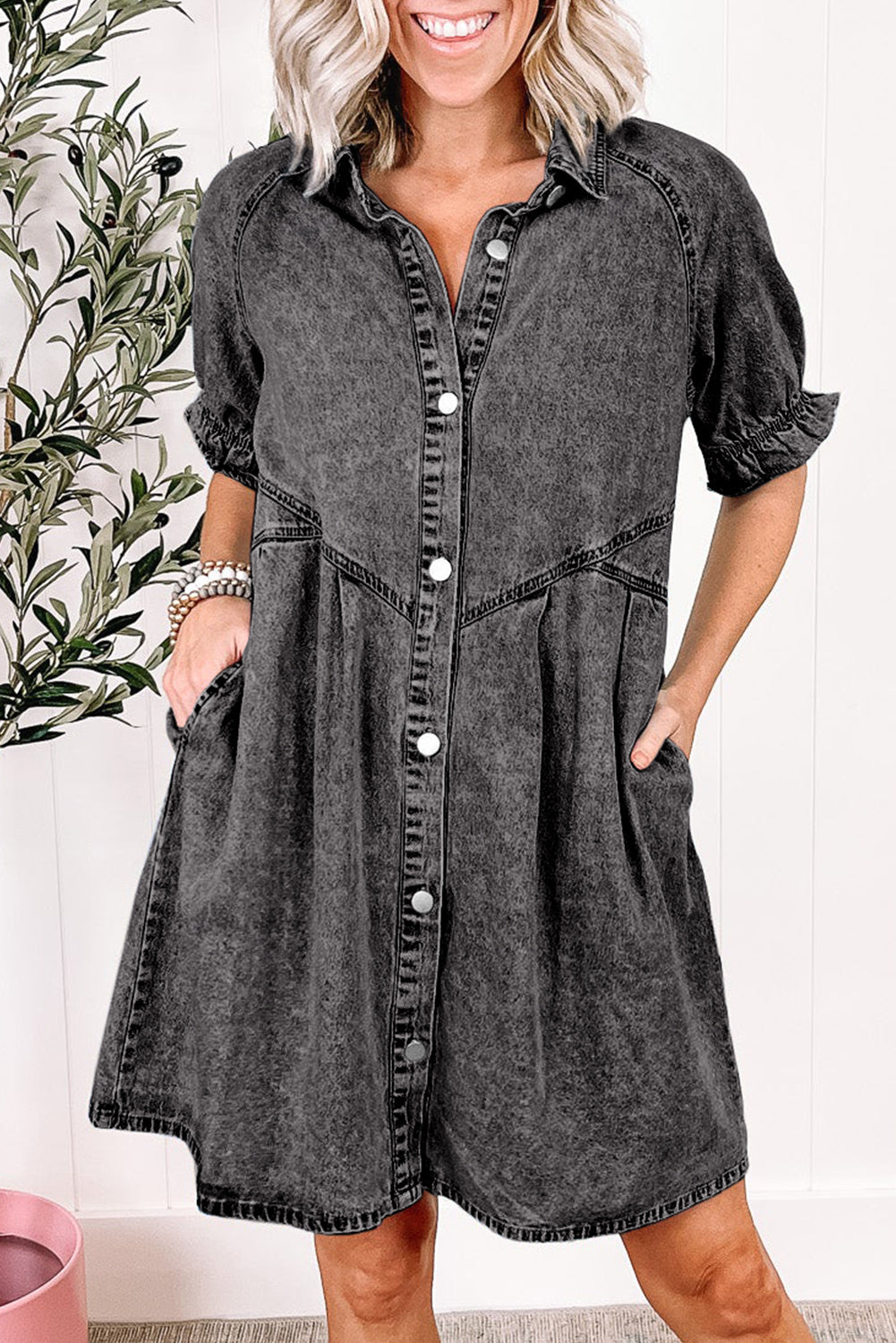 Medium Grey Mineral Wash Ruffled Short Sleeve Buttoned Denim Dress Dear-Lover Dropshipping