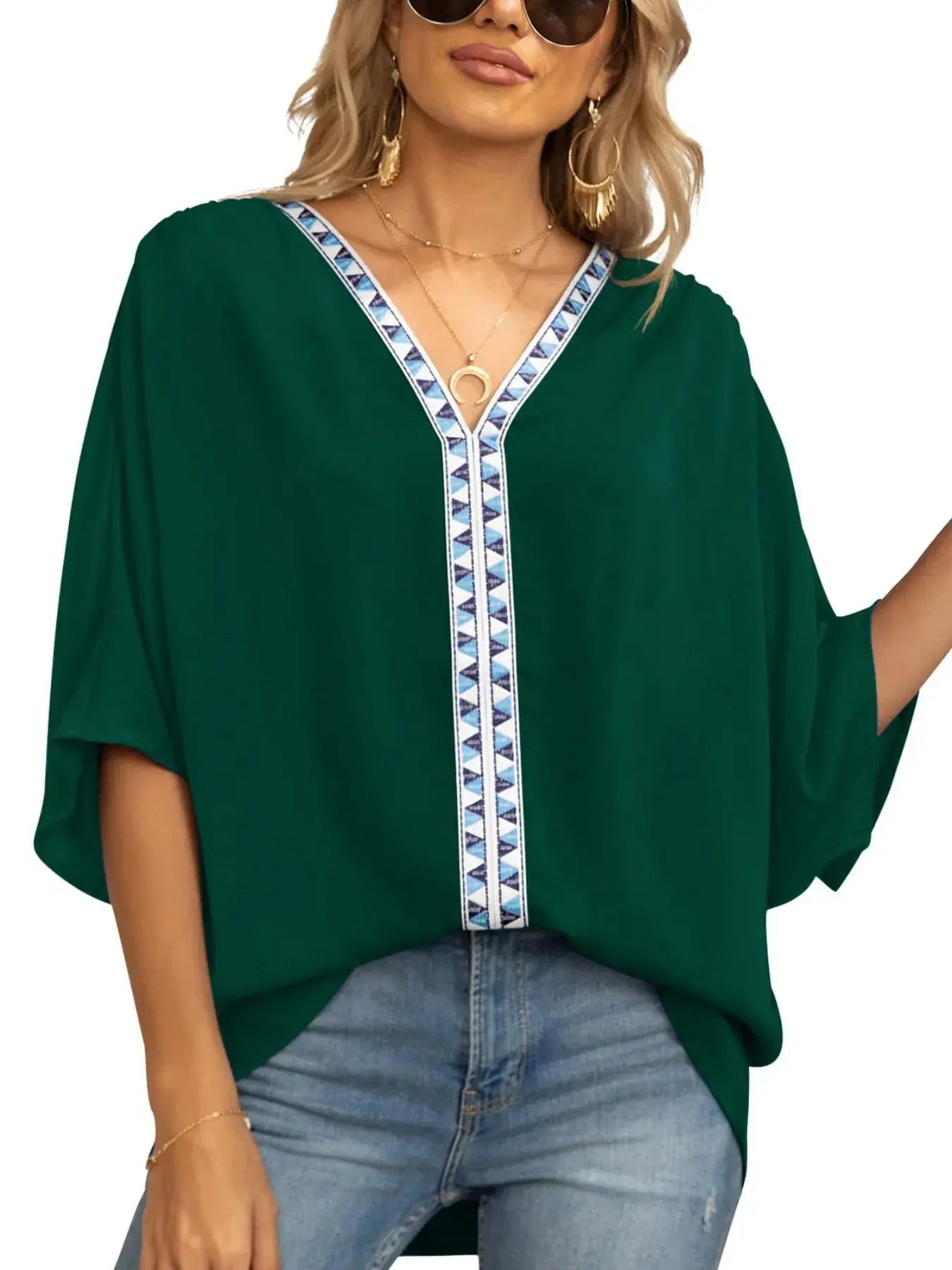 Printed Trim V-Neck Batwing Sleeve Blouse.