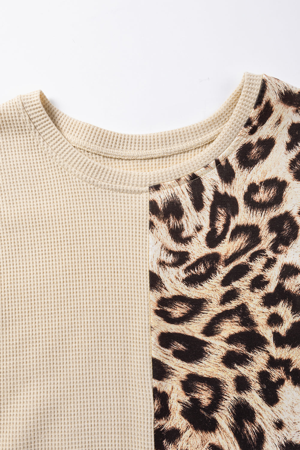 Pale Khaki Leopard Colorblock Waffle Knit Top Dear-Lover Dropshipping