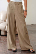 Camel Solid Color Elastic High Waist Loose Cargo Pants