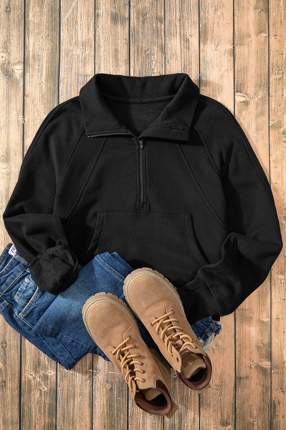 Black Fleece Lined Zip Up Stand Collar Thumbhole Sleeve Sweatshirt Dear-Lover Dropshipping