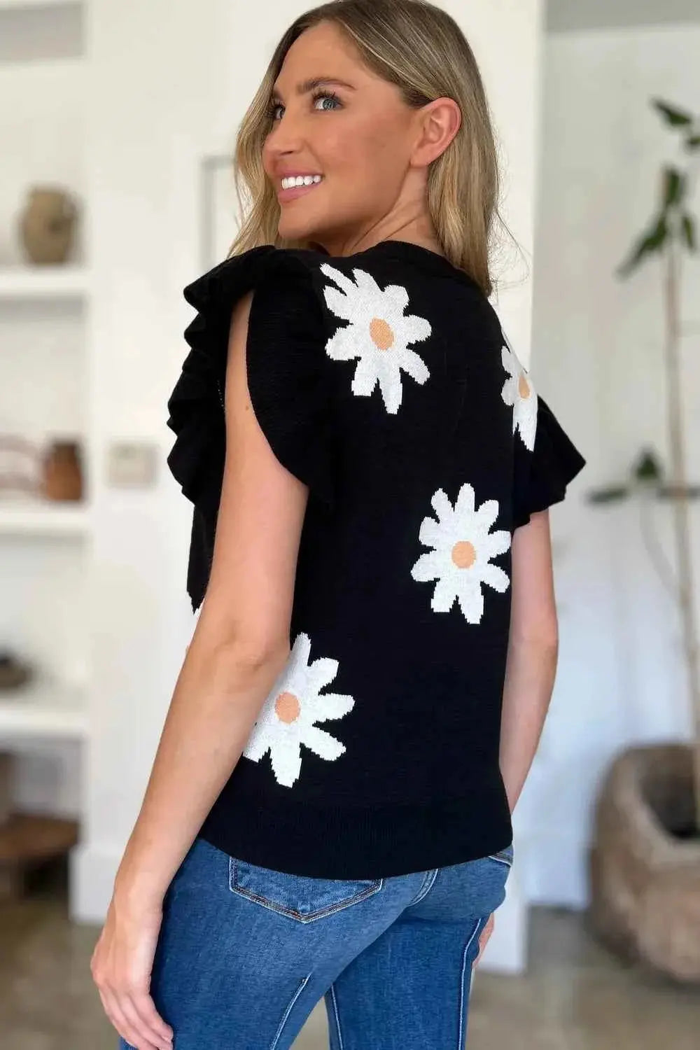 Ruffled Flower Round Neck Cap Sleeve Sweater.