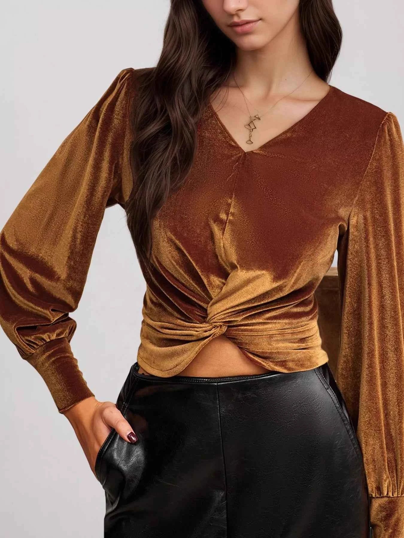 Twisted V-Neck Long Sleeve Blouse.